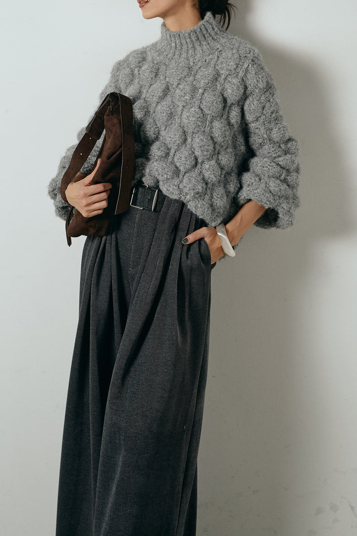[SET]ボリュームポップコーンニットトップス+ベルトループコーデュロイワイドパンツ(2set)