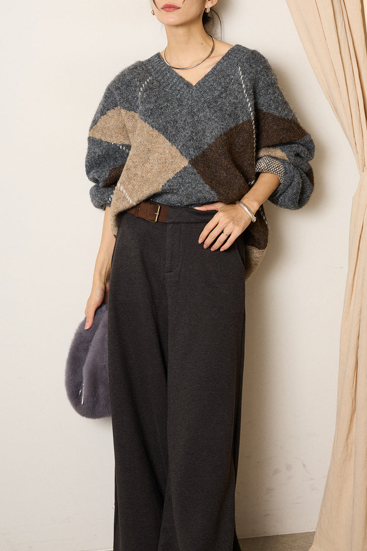 [SET]ルーズアーガイルVネックニット+サイドベルトパンツ(2set)