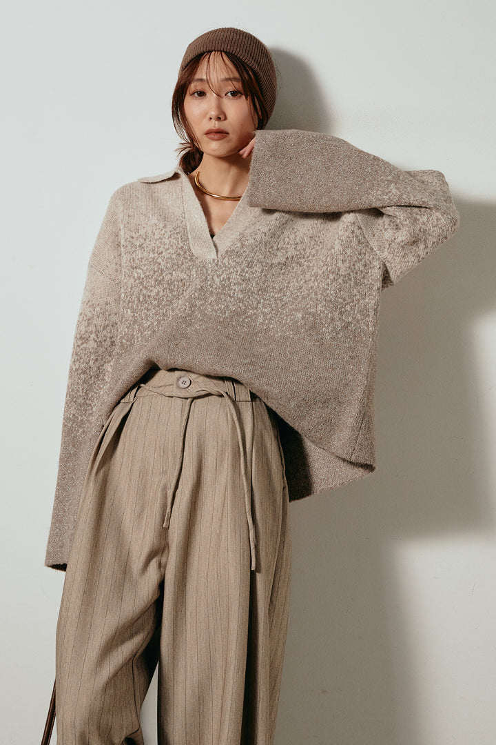 [SET]グラデーションラメニットキーネックプルオーバー+ストライプヘリンボーンパンツ(2set)