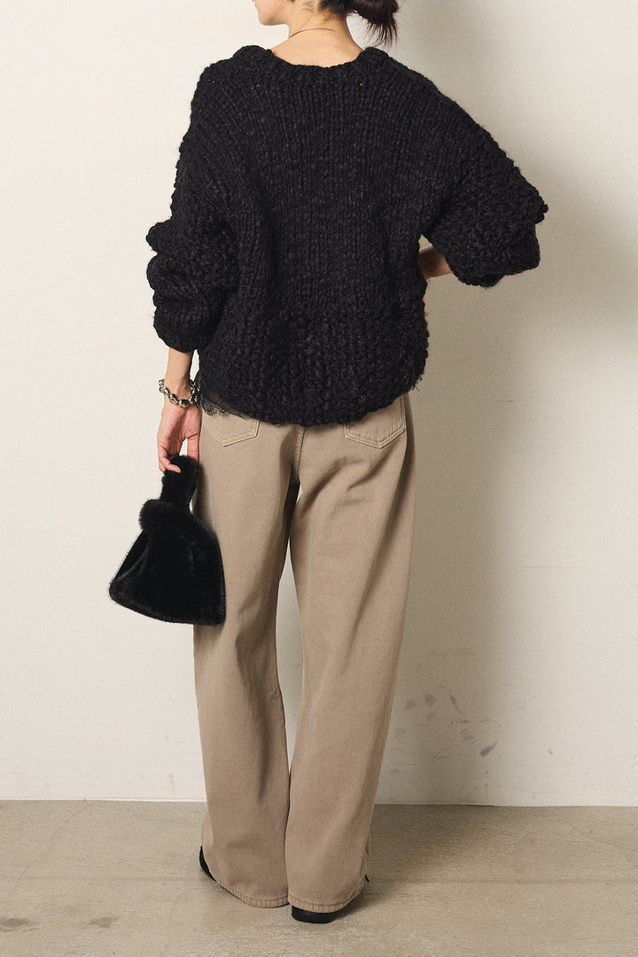 [SET]Vネックハンド編みニットトップス+ベルト付きカジュアルカーブワイドパンツ(2set)