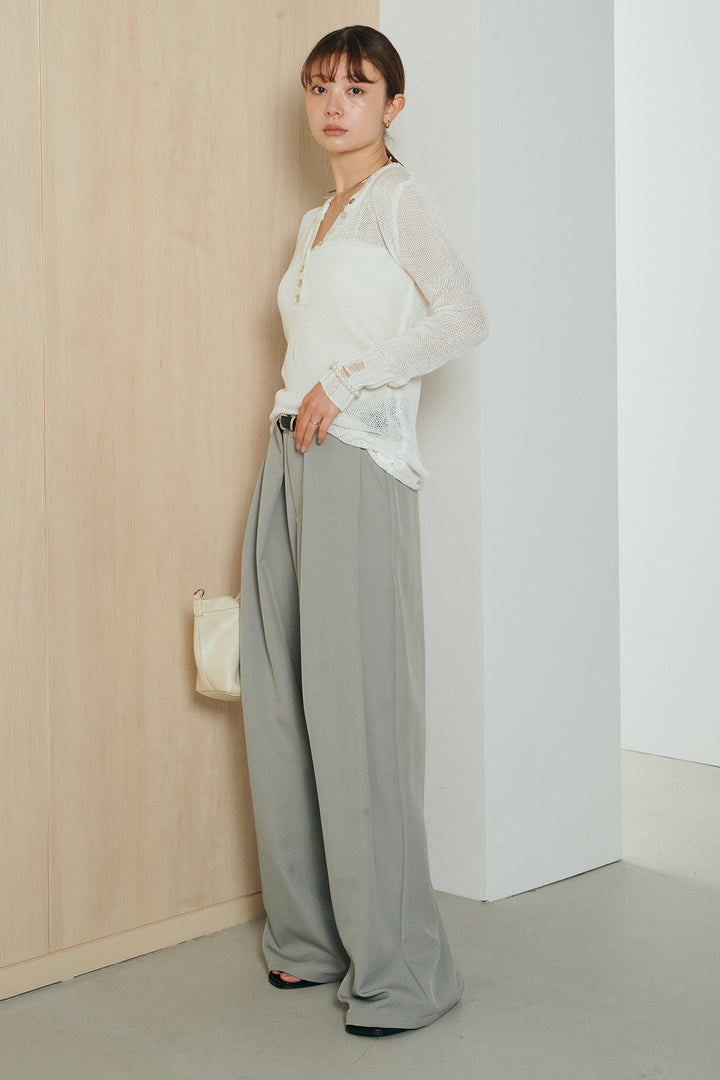 [SET]ヘンリーネックダメージニットプルオーバー+ビックベルトループタックベルト付きワイドパンツ(2set)