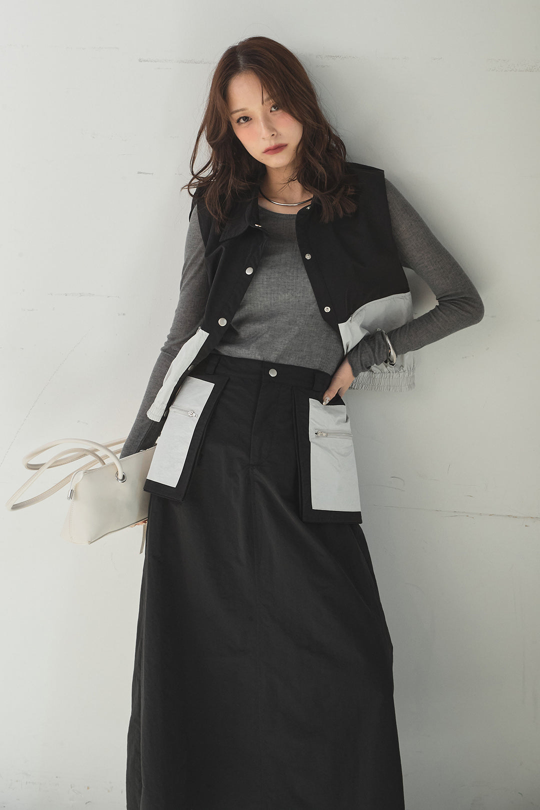 [SET]襟付きナイロンベスト+サイドデザインナイロンスカート(2set)