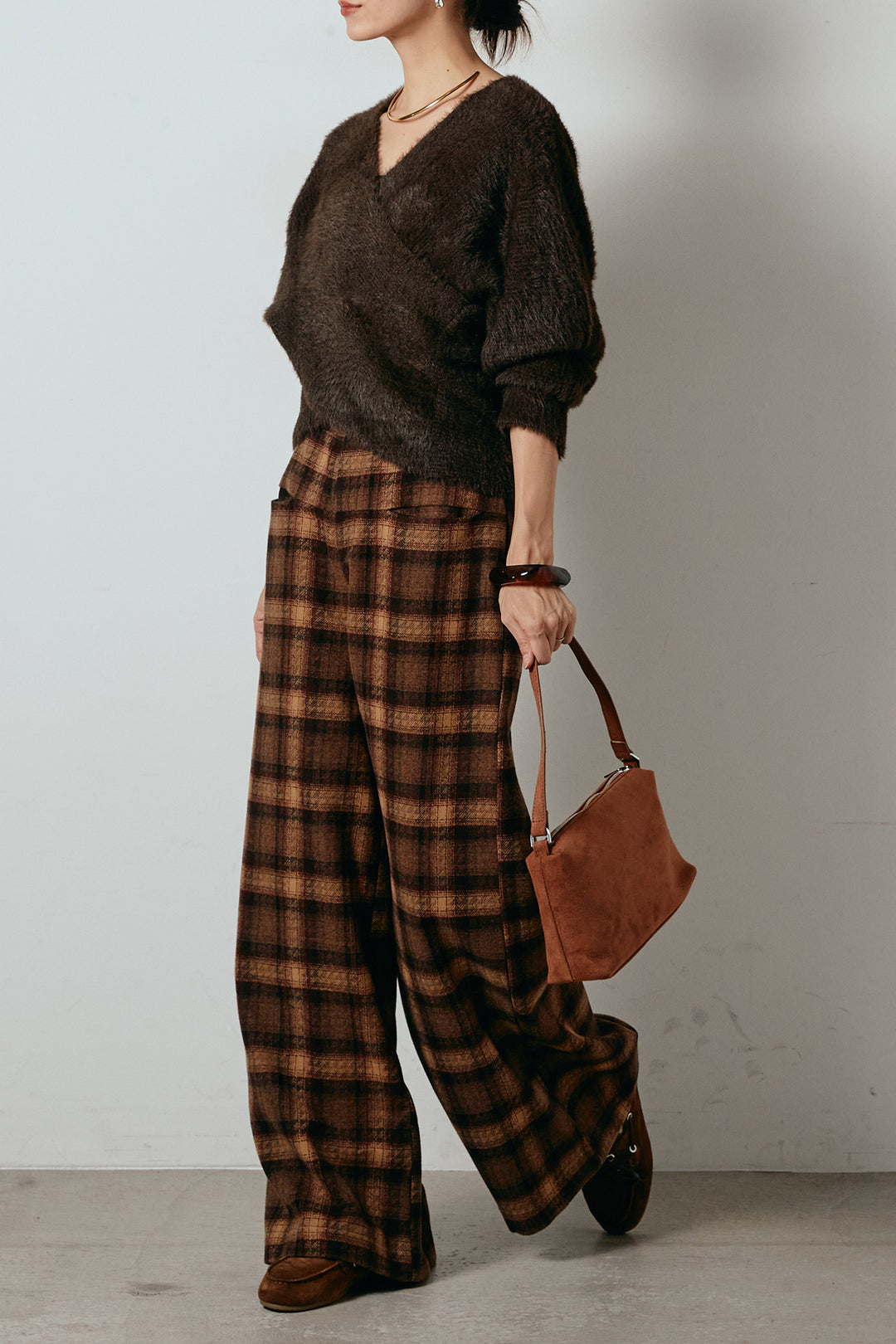 [SET]シャギーカシュクールニットトップス+ルーズタータンチェックワイドパンツ(2set)
