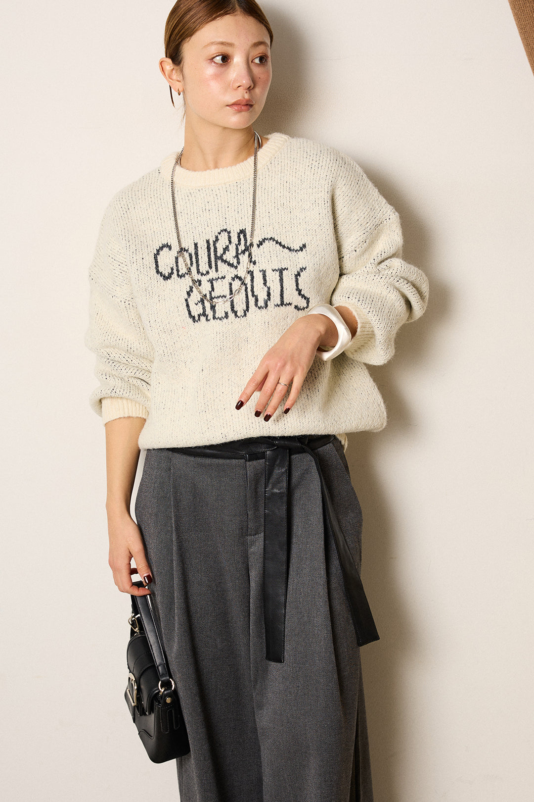 [SET]ロゴシャギーニットプルオーバー+巻ベルトウエストレザーライクワイドパンツ(2set)