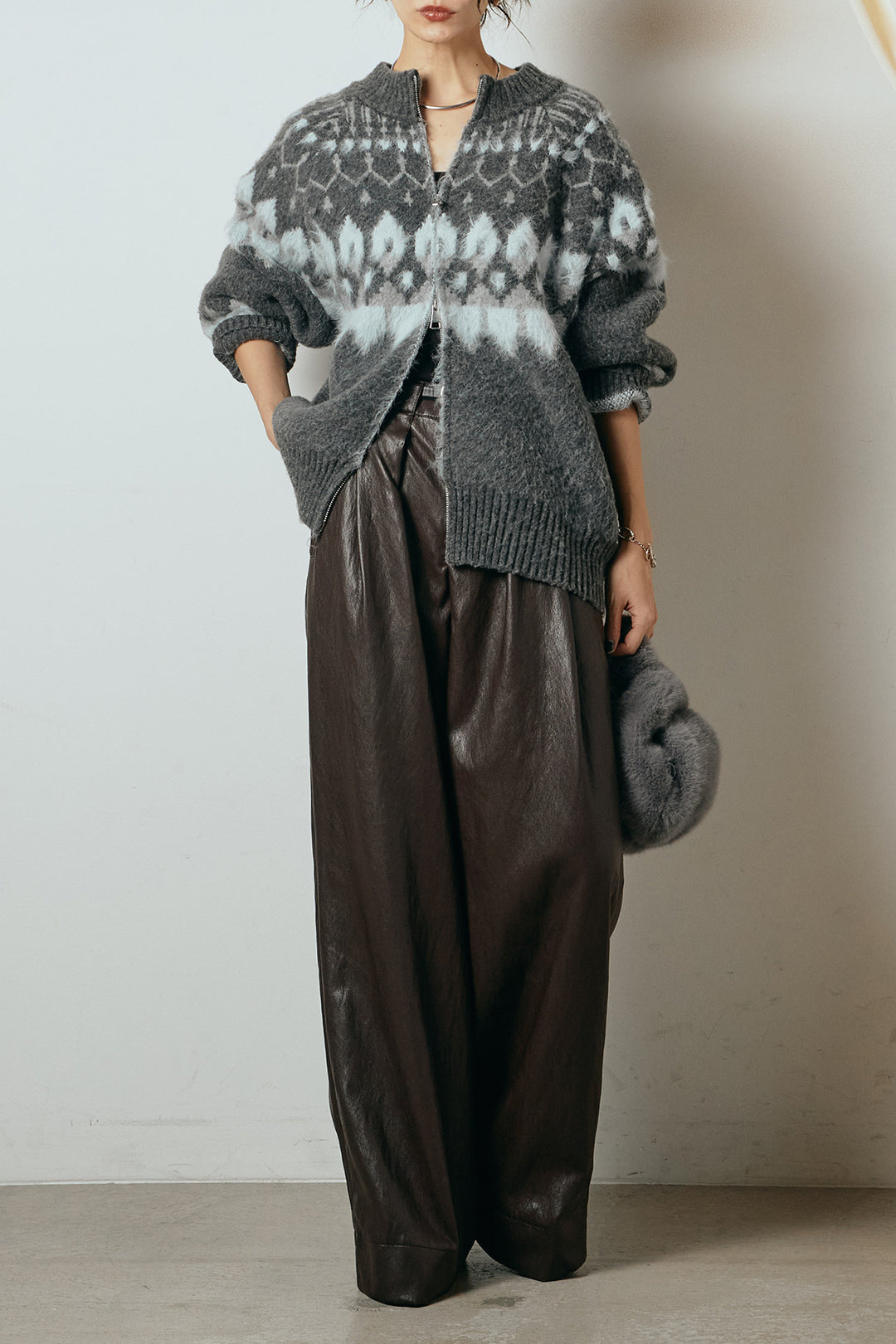 [SET]起毛ダブルジップパターンニットカーディガン+ベルト付きレザーライクタックパンツ(2set)