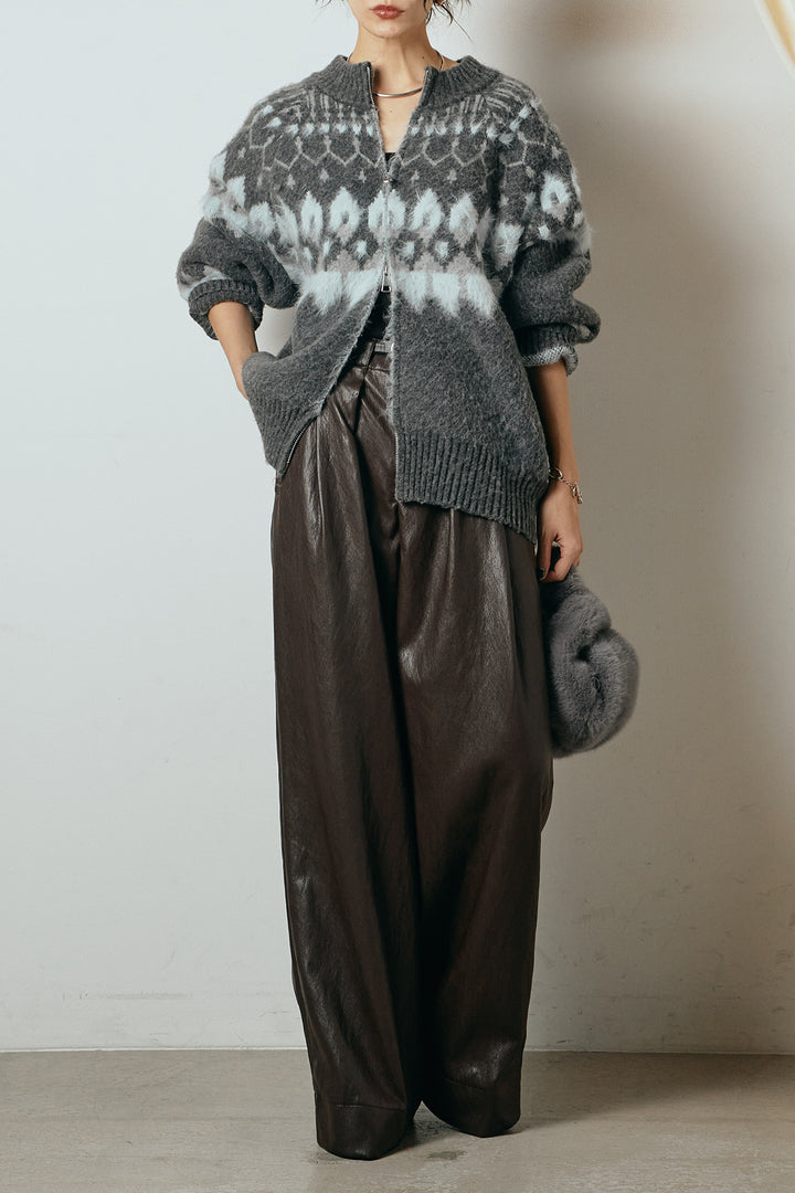 [SET]起毛ダブルジップパターンニットカーディガン+ベルト付きレザーライクタックパンツ(2set)