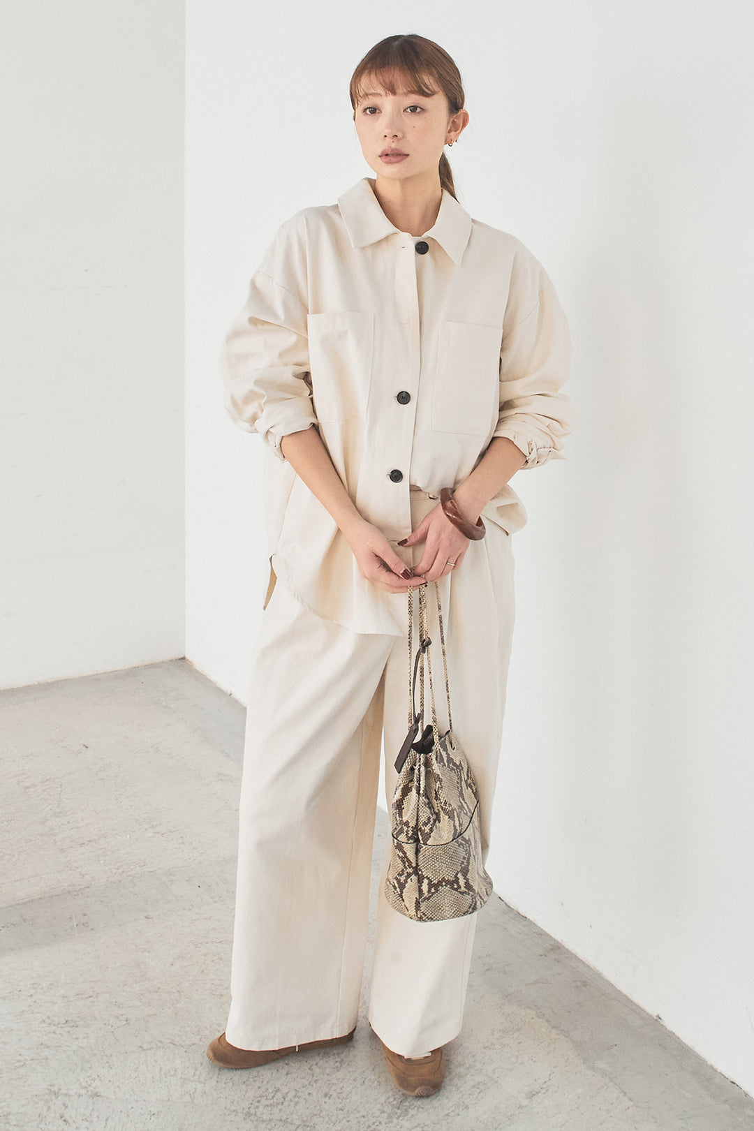 [SET]ツイルシャツジャケット+ツイルハイウエストタックパンツ(2set)