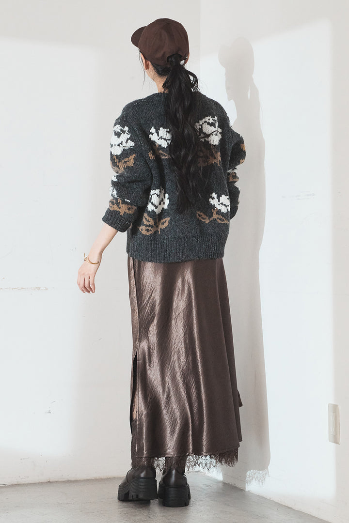 [SET]花柄ジャガードニットカーディガン+裾レースデザインサテンスカート(2set)