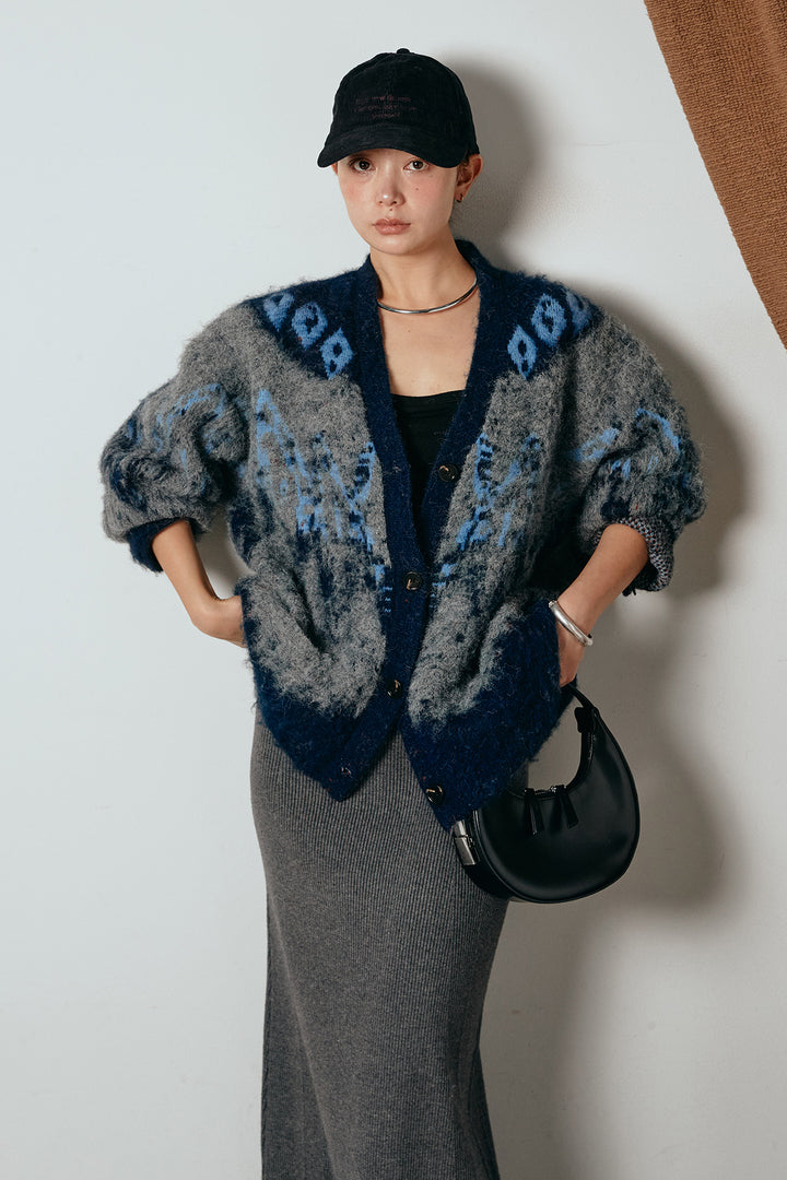 [SET]シャギーニュアンス柄ニットカーディガン+リブナローニットスカート(2set)