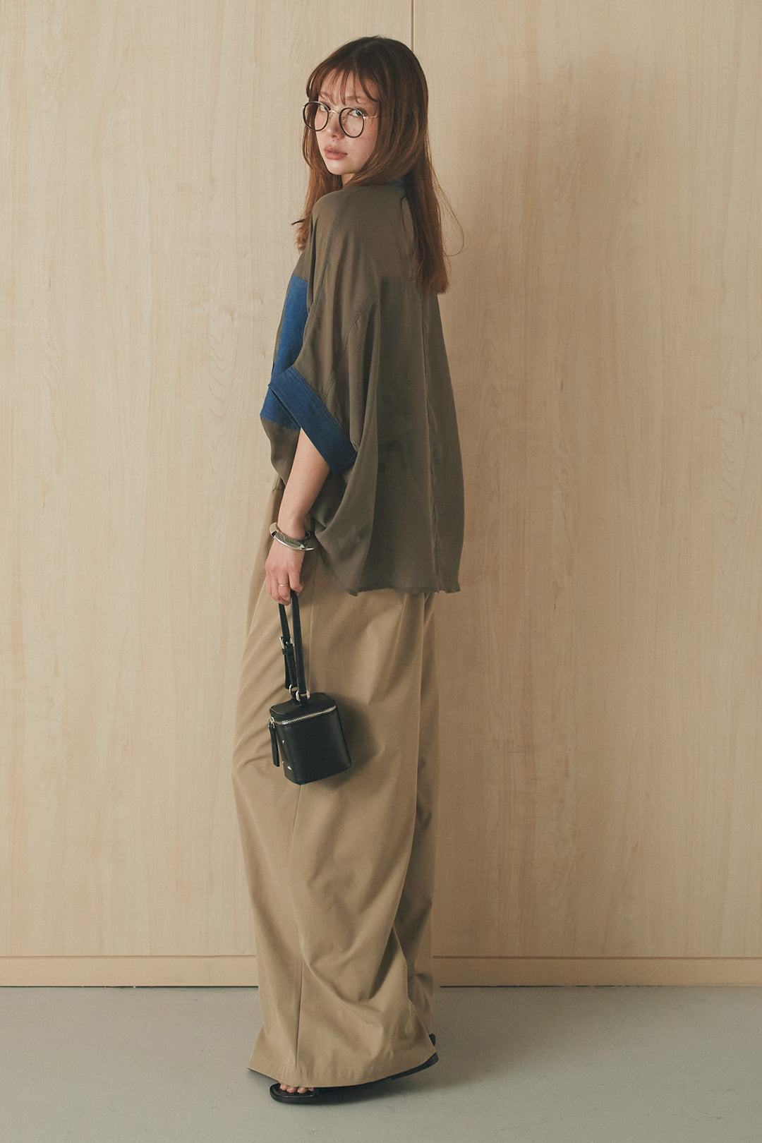 [SET]デニムライクビッグツーポケシアーシャツ+ベルトループデザインハイウエストタックパンツ(2set)