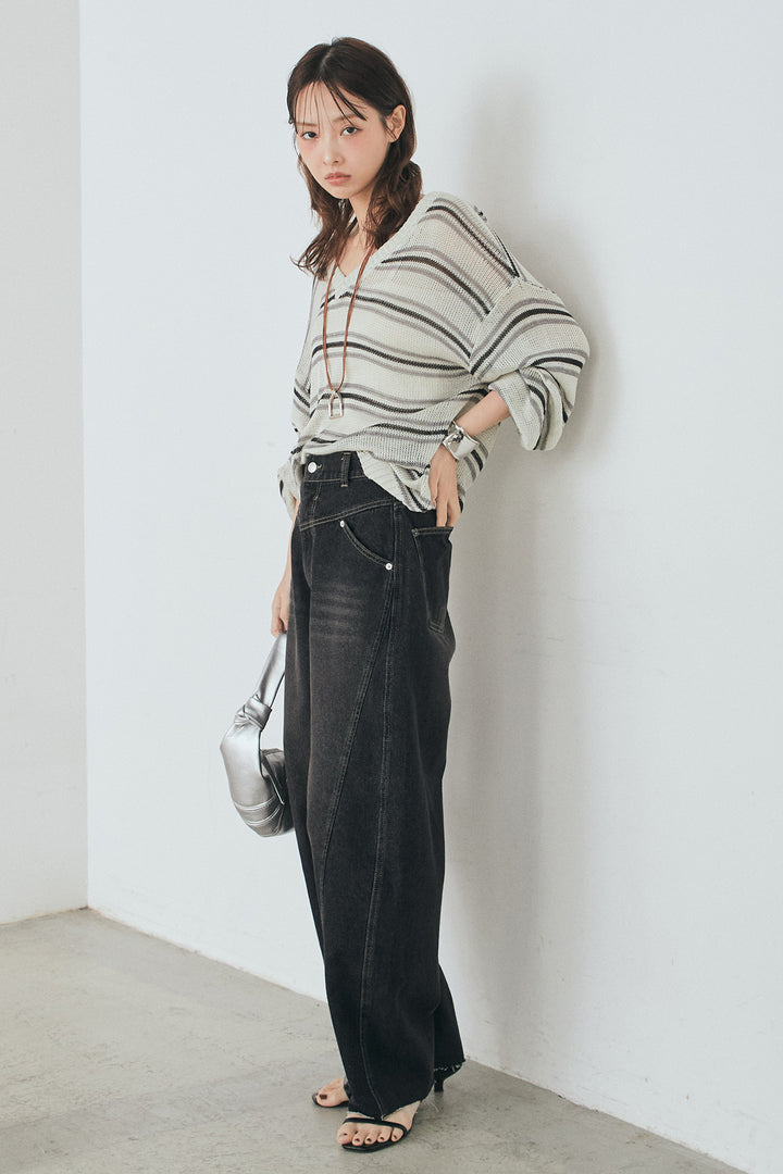 [SET]綿タッチVネックボーダートップス+デニムヨークパンツ(2set)