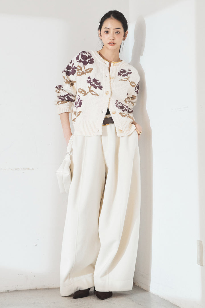 [SET]花柄ジャガードニットカーディガン+ウールタッチカーブワイドパンツ(2set)
