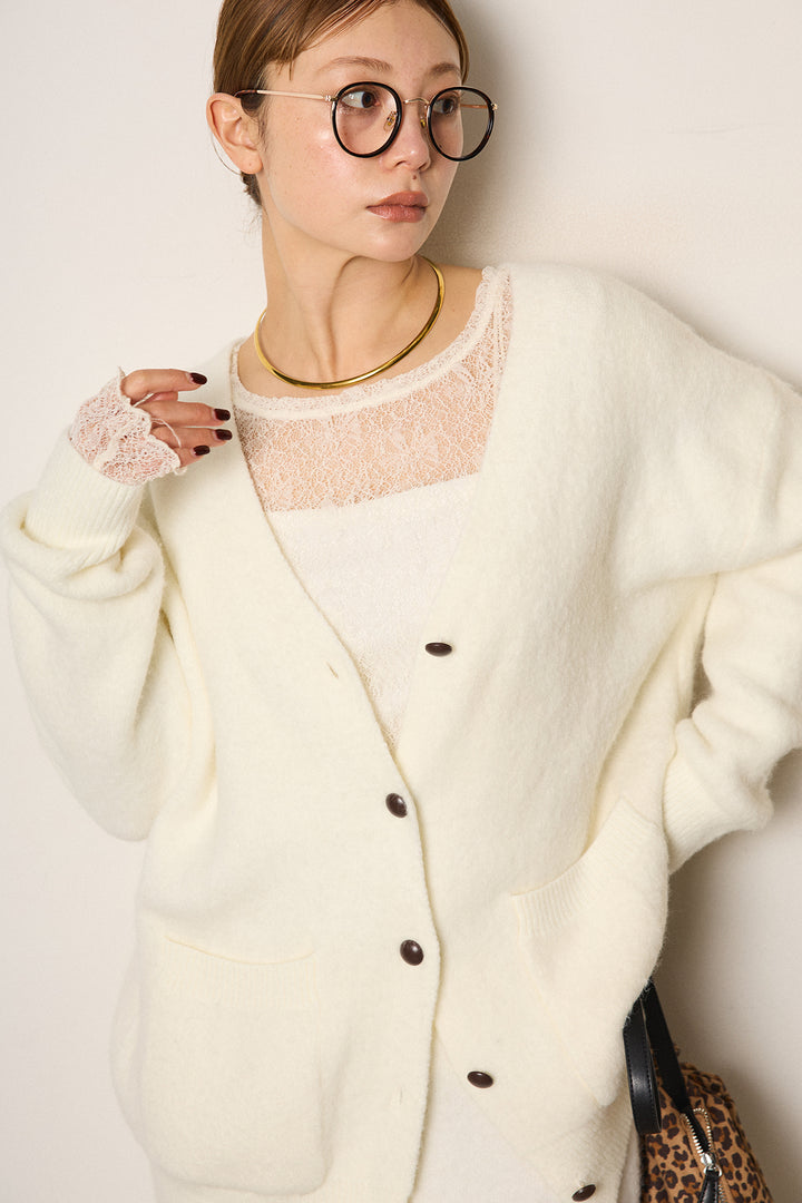 [SET]丸ボタン起毛ニットカーディガン+起毛ニットロングスカート+ストレッチレースクルーネックプルオーバー(3set)