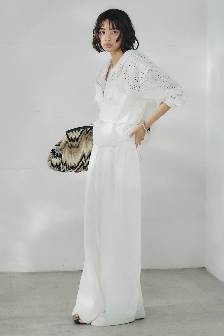 [SET]レースハーフジップアップフーディー+リネン混タックストレートワイドパンツ(2set)