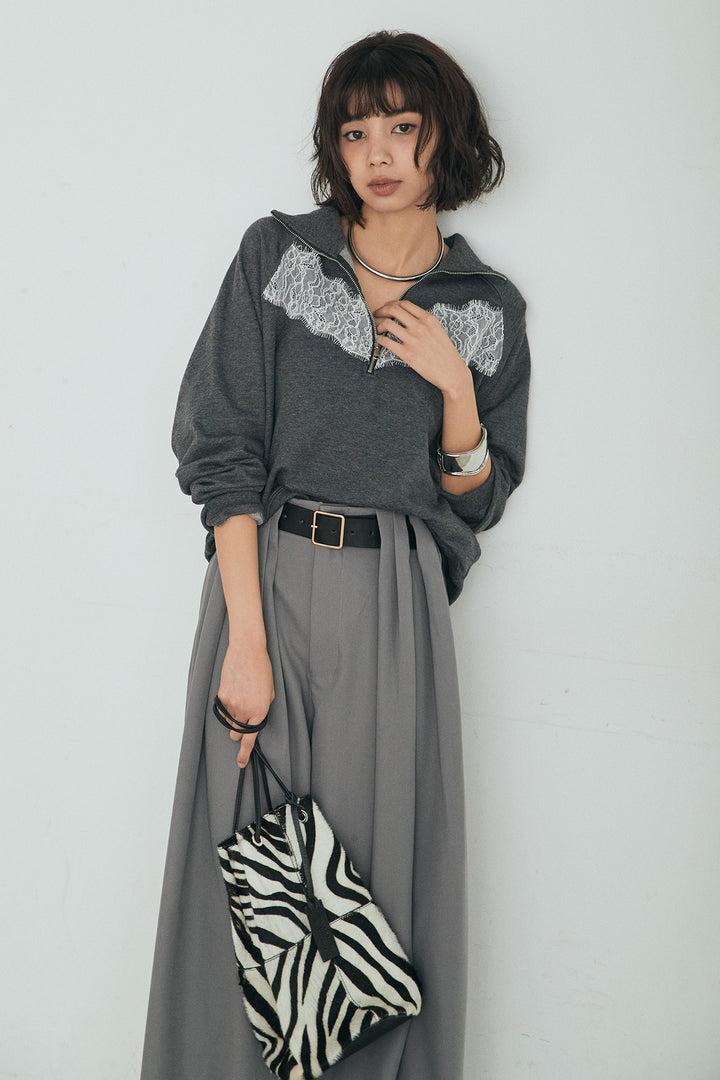 [SET]リバーレースハーフジップ裏毛スウェット+ベルト付きタックデザインハイウエストロングパンツ(2set)