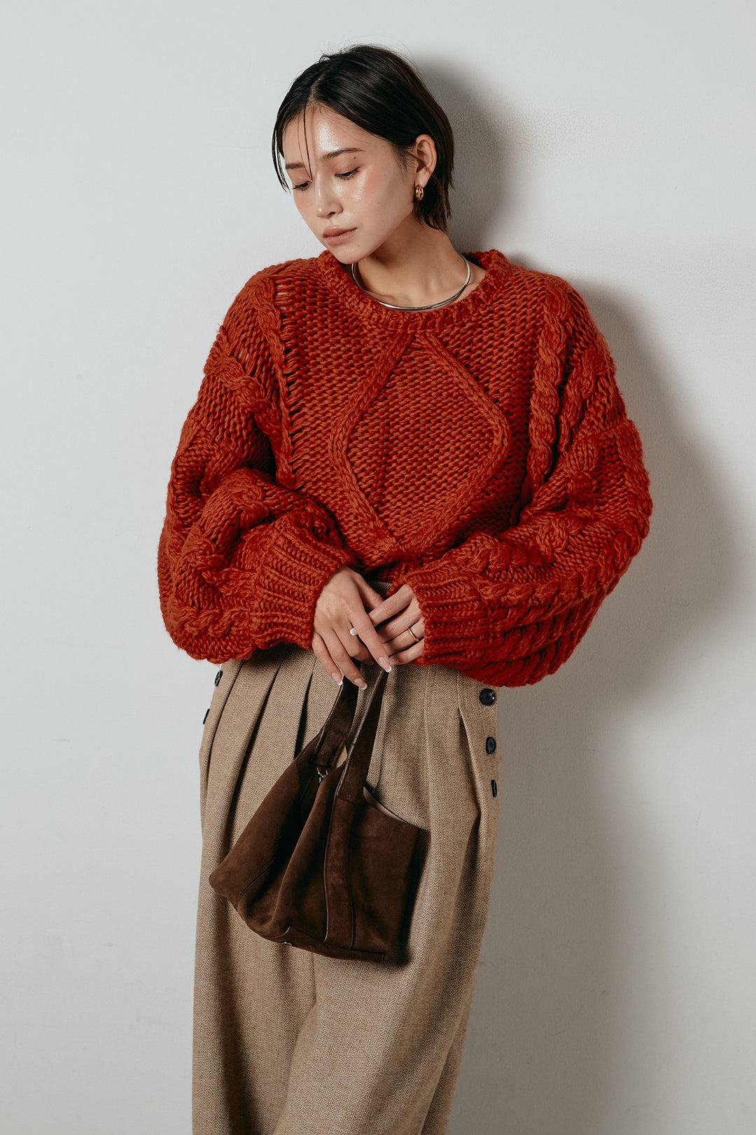 [SET]ロービングケーブルショート丈プルオーバー+サイドボタンツイードタックパンツ(2set)