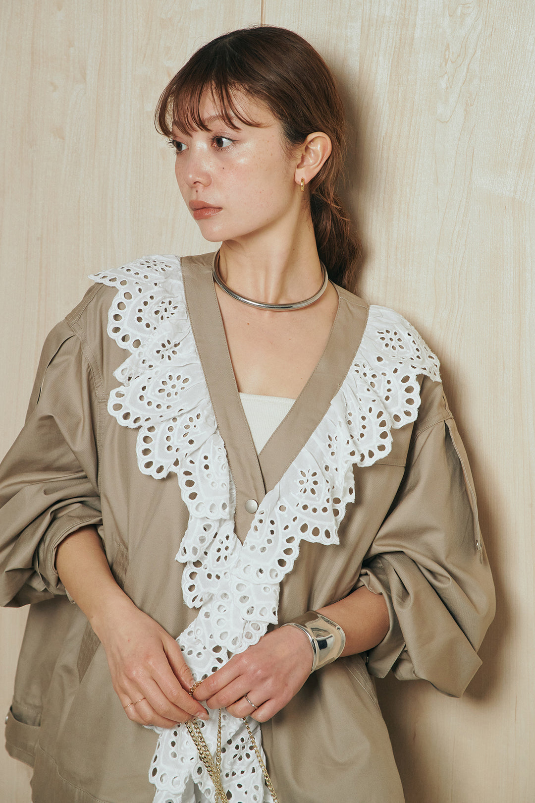 [SET]レースフリルドッキングアウター+レース刺繍リラックスパンツ(2set)