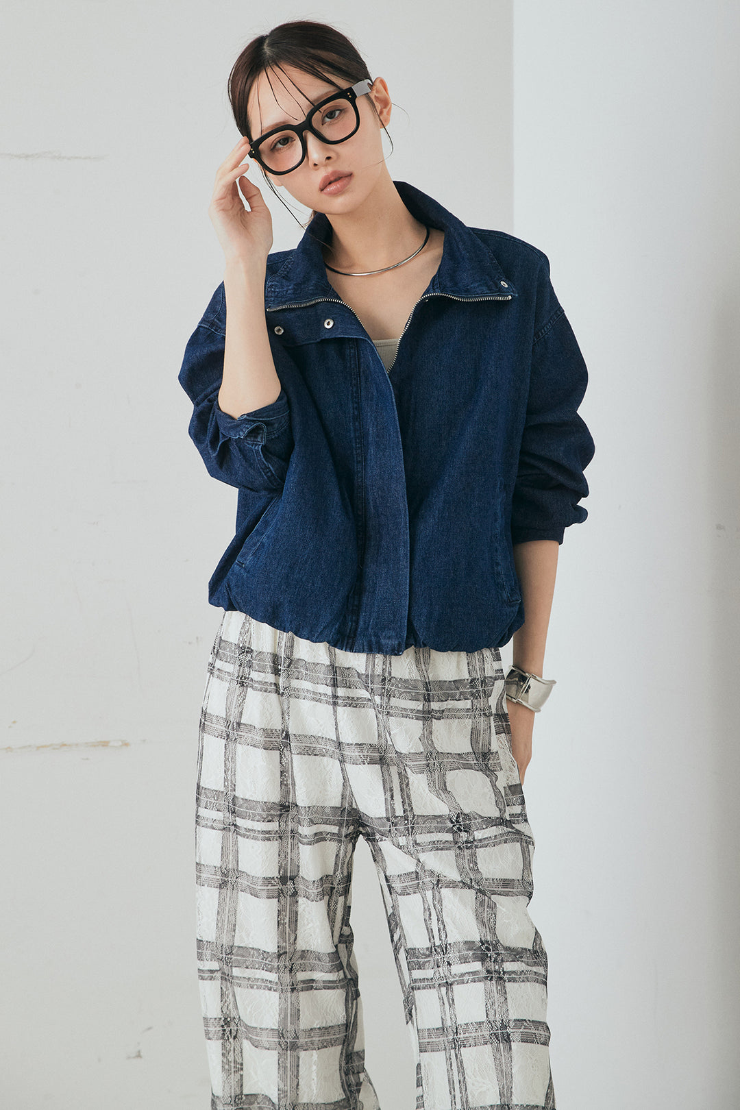 [SET]スタンドカラーデニムブルゾンジャケット+レースチェックワイドイージーパンツ(2set)