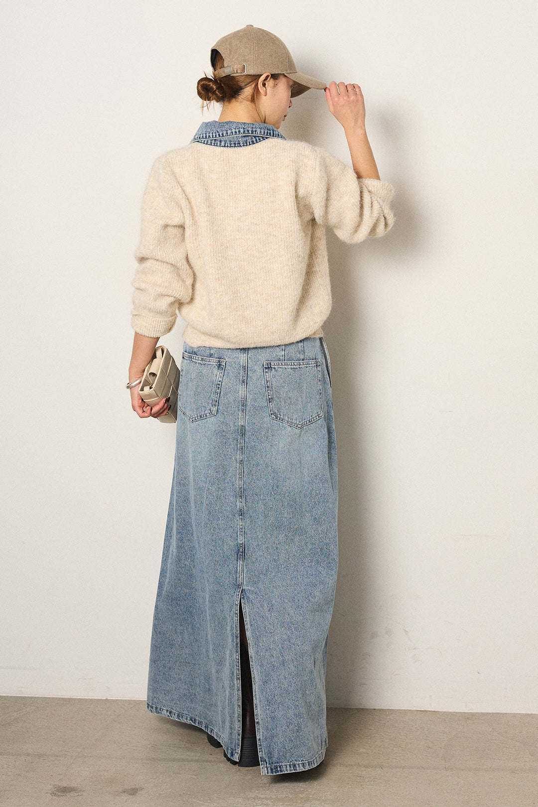 [SET]襟付きデニム切替ニットカーディガン+デニムロングフレアスカート(2set)