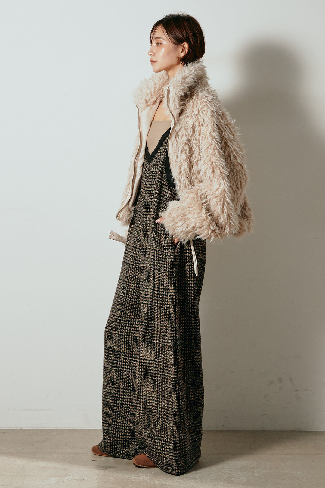 [SET]ミックスシープファースタンドブルゾン+前後2wayグレンチェック柄スカーチョサロペット(2set)