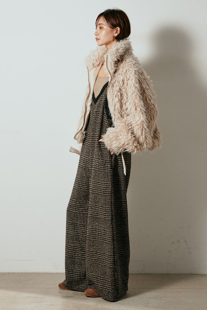 [SET]ミックスシープファースタンドブルゾン+前後2wayグレンチェック柄スカーチョサロペット(2set)