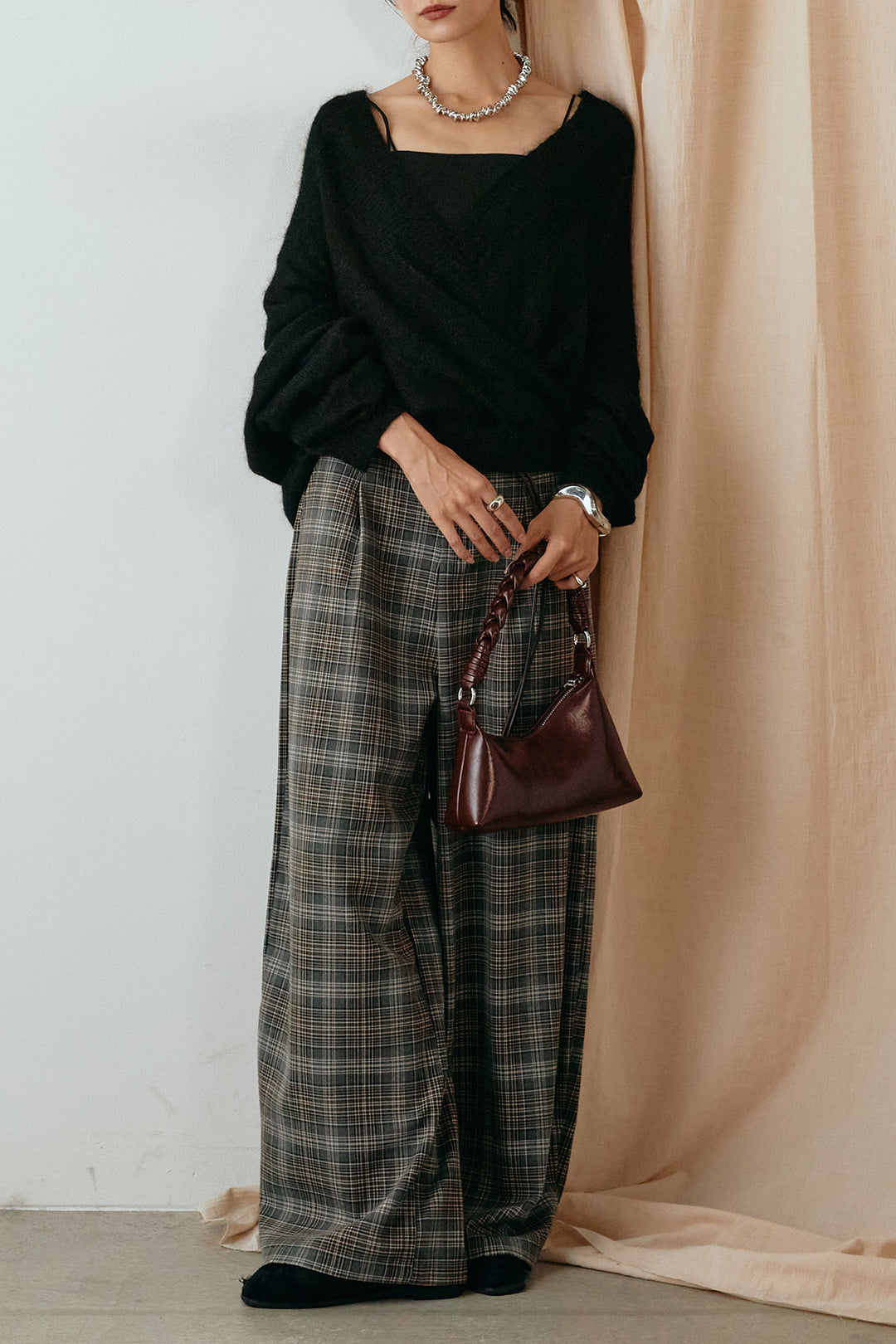 [SET]カシュクールデザインニット+編みベルト付きタータンチェックワイドパンツ(2set)