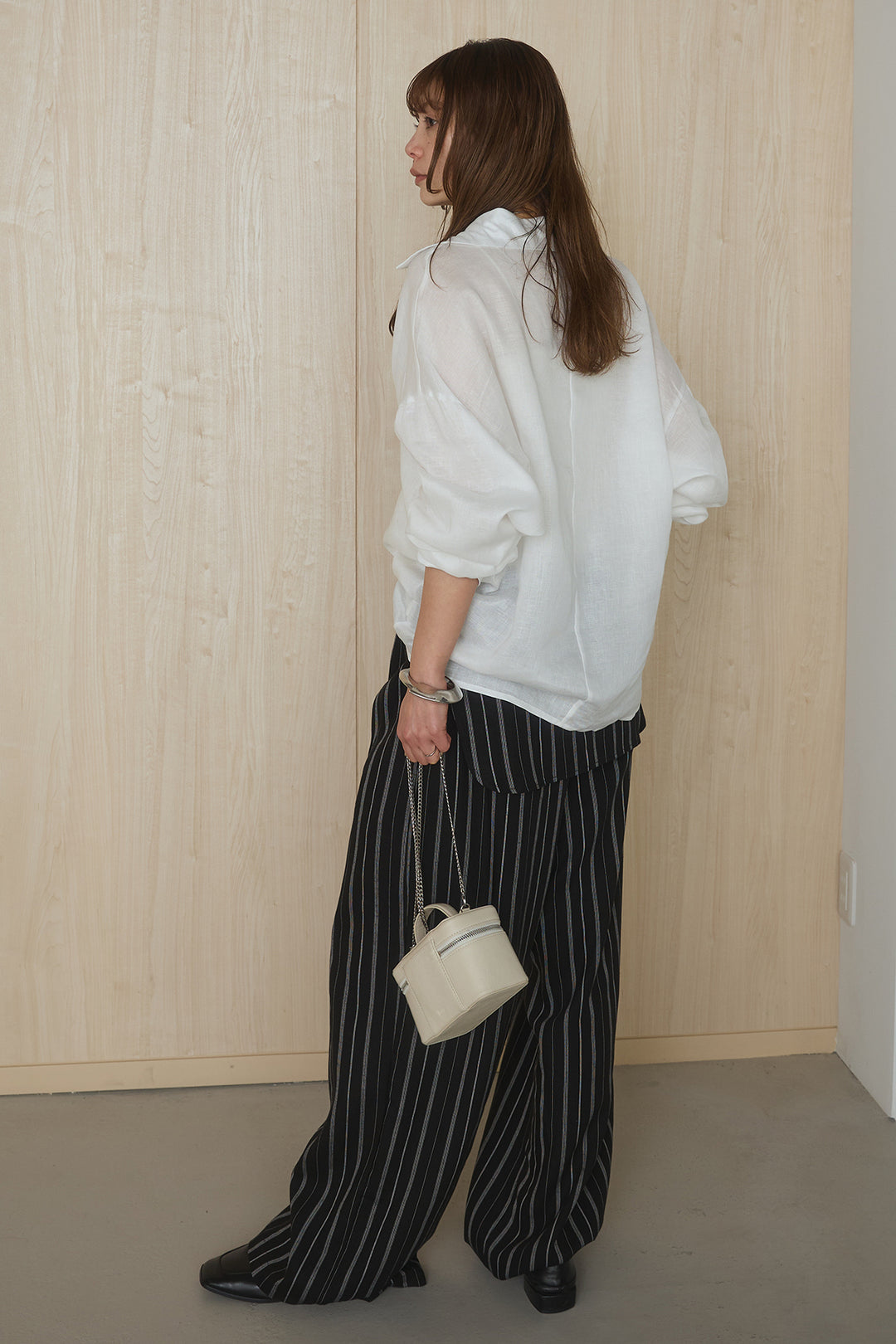 [SET]襟付きボタンブラウス+ウエスト巻きピンストライプパンツ(2set)