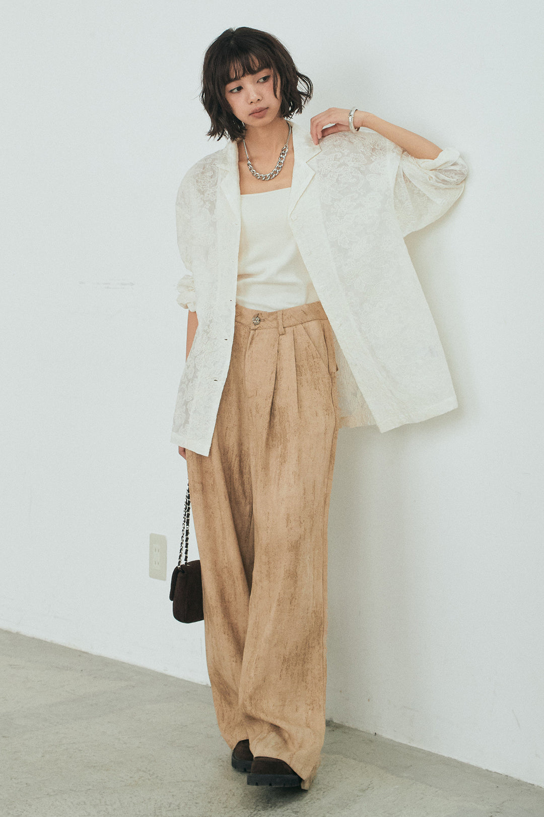 [SET]刺繍シアーオープンカラーシャツ+リネン混かすれ柄ワイドパンツ(2set)