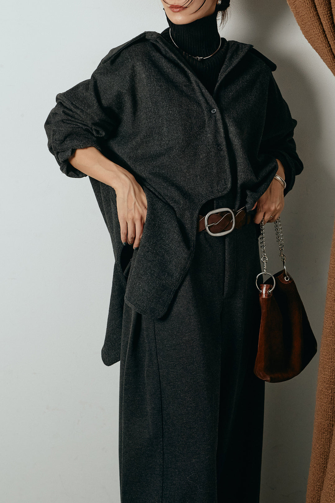 [SET]裾アシンメトリーデザインシャツ+編みベルト付きワイドパンツ+リブニットシームレスタートルプルオーバー(3set)