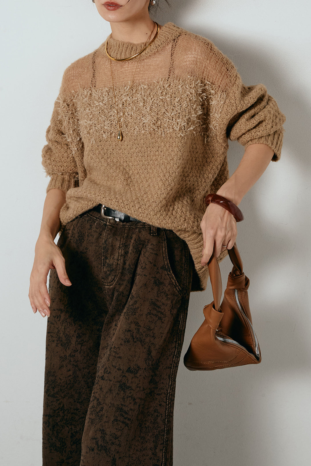 [SET]パターンランダム編みニットトップス+ベルト付きニュアンス柄カーブワイドパンツ(2set)