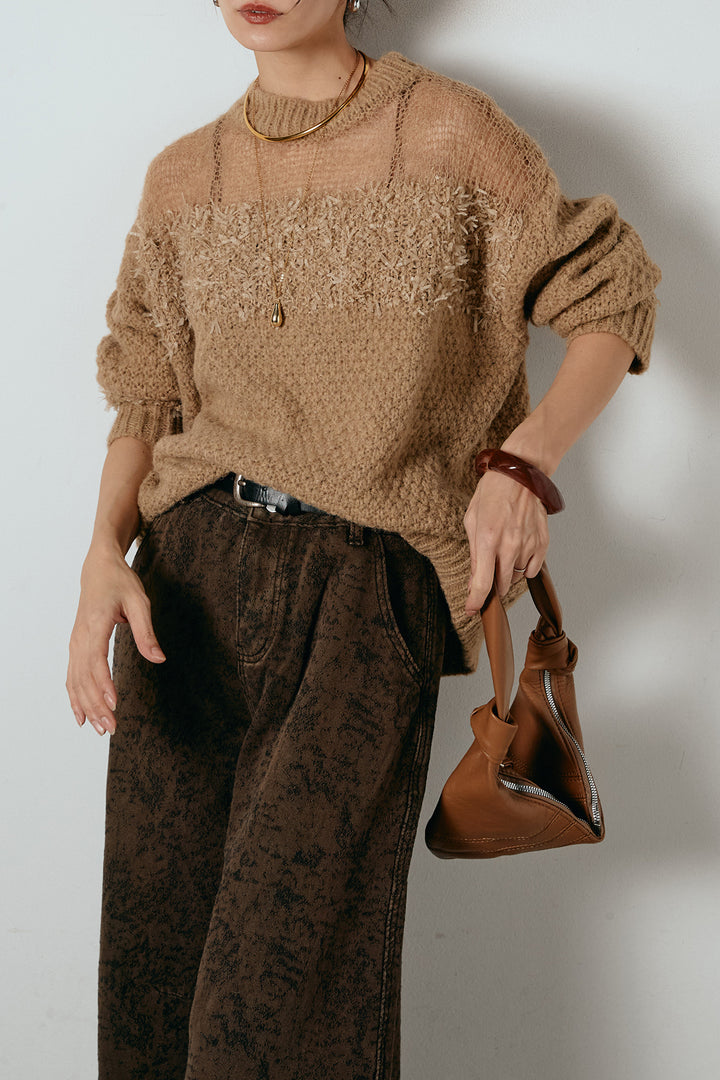 [SET]パターンランダム編みニットトップス+ベルト付きニュアンス柄カーブワイドパンツ(2set)