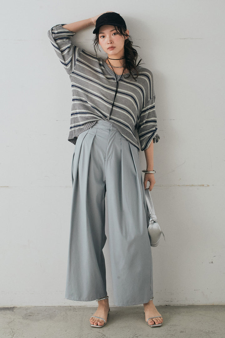 [SET]綿タッチVネックボーダートップス+ウォッシャブルエコレザータックパンツ(2set)