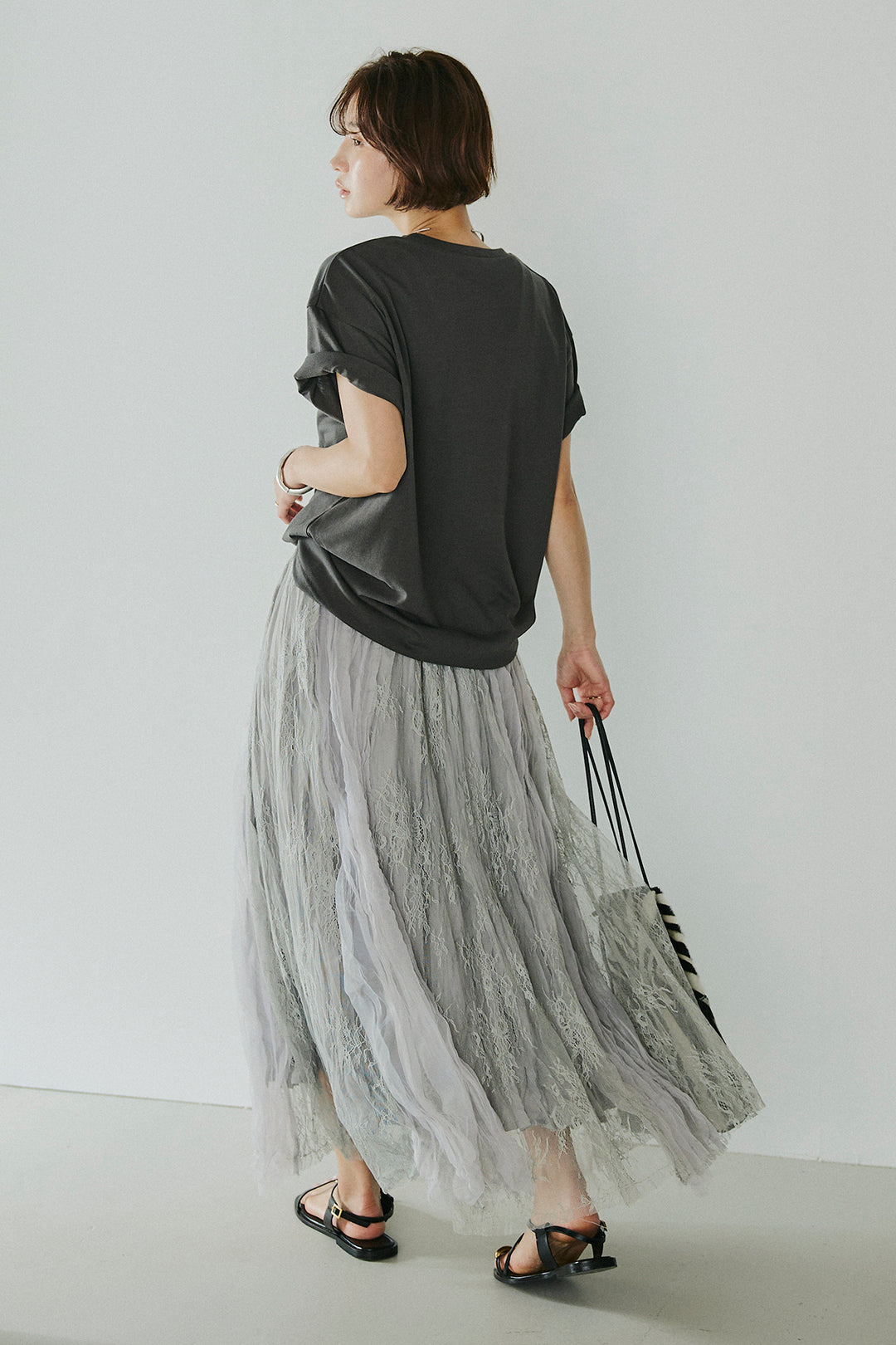[SET]レースロゴ刺繍Tシャツ+レースコンビワッシャーギャザースカート(2set)