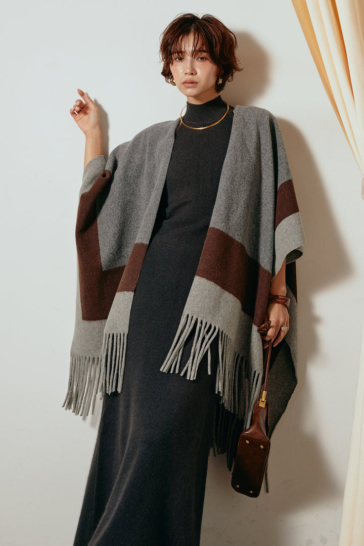 [SET]裾フリンジ柄ポンチョアウター+ノースリーブニットロングワンピース(2set)