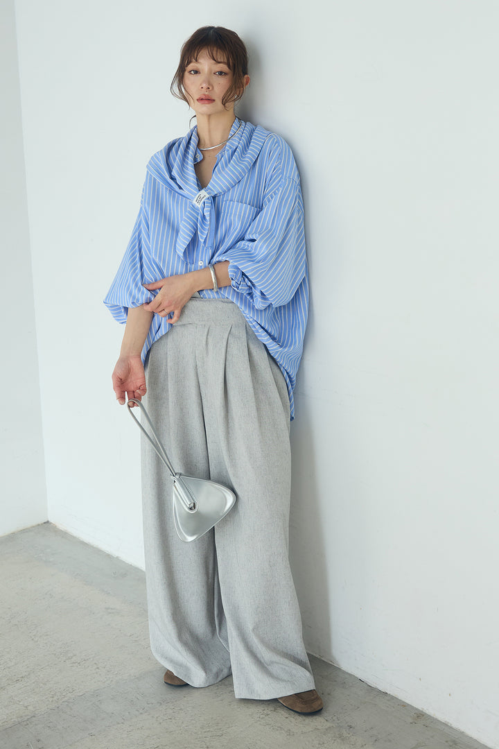 [SET]レーヨンストライプスカーフ+麻混タックワイドパンツ+レーヨンストライプバンドカラー長袖シャツ(3set)