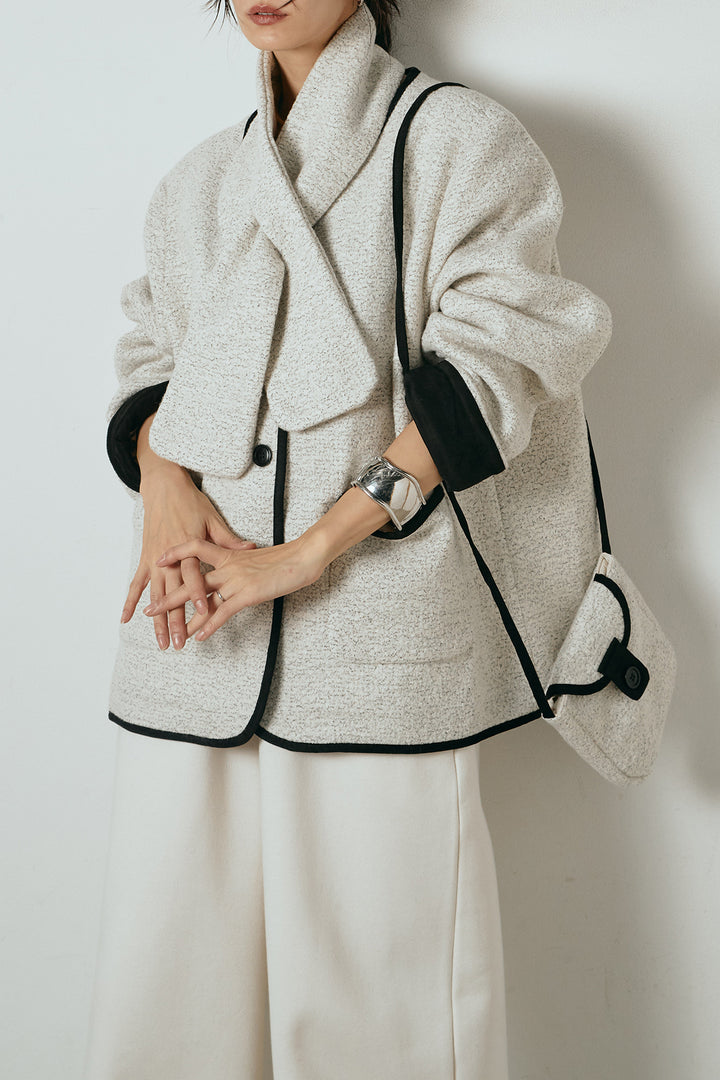 [SET]ノーカラーマフラーバッグ付きアウター+裏起毛スウェットワイドパンツ(2set)