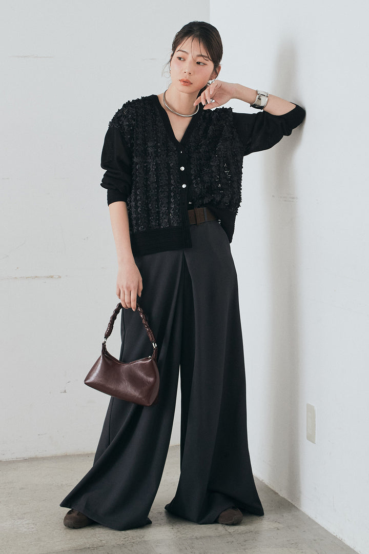 [SET]モコレースVネックカーディガン+太ベルト付きフロントタックパンツ(2set)
