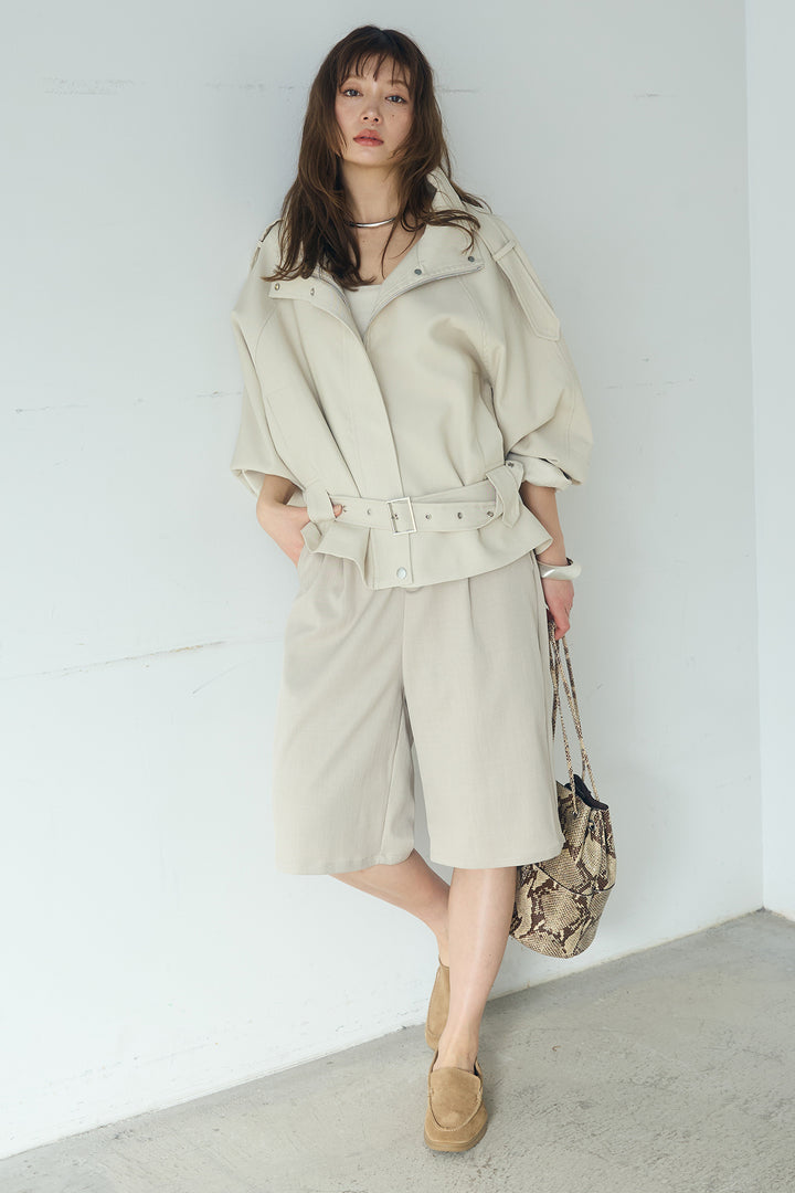 [SET]ベルト付きスタンドネックアウター+ツイルタックハーフパンツ(2set)