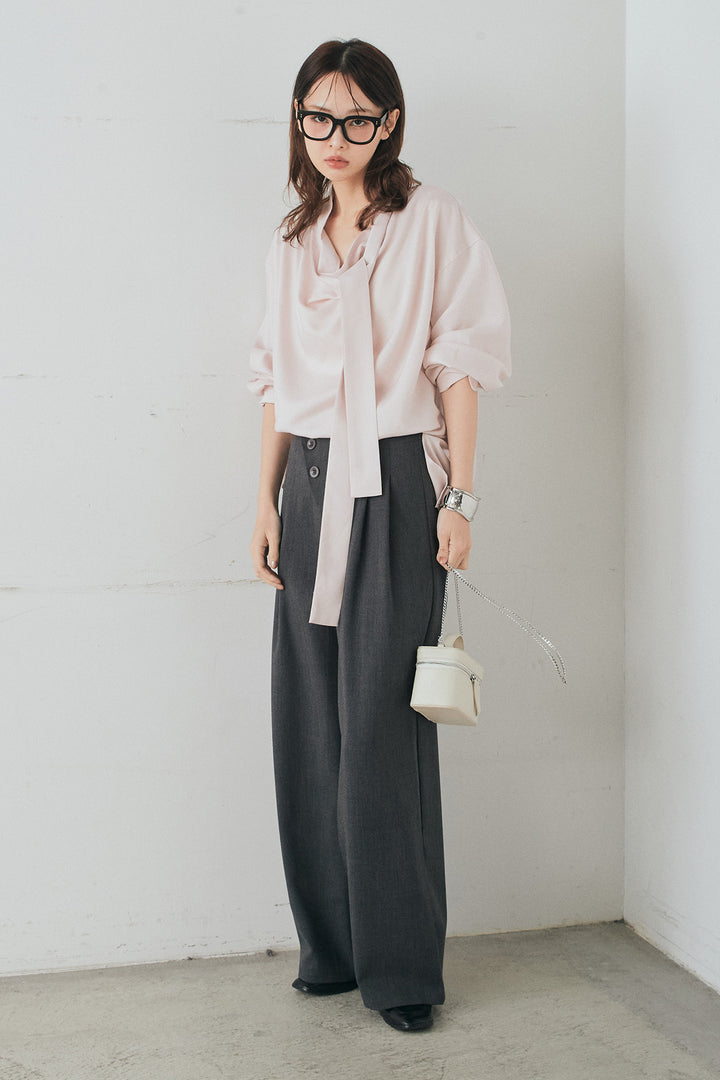 [SET]ニュアンスボータイブラウス+斜めボタンタック入りスラックス(2set)