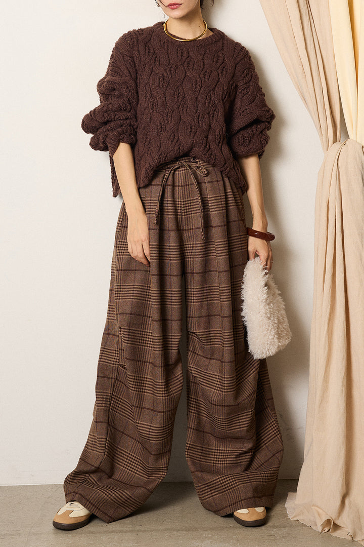 [SET]ケーブルリラックスショートニット+グレンチェックルーズタックパンツ(2set)
