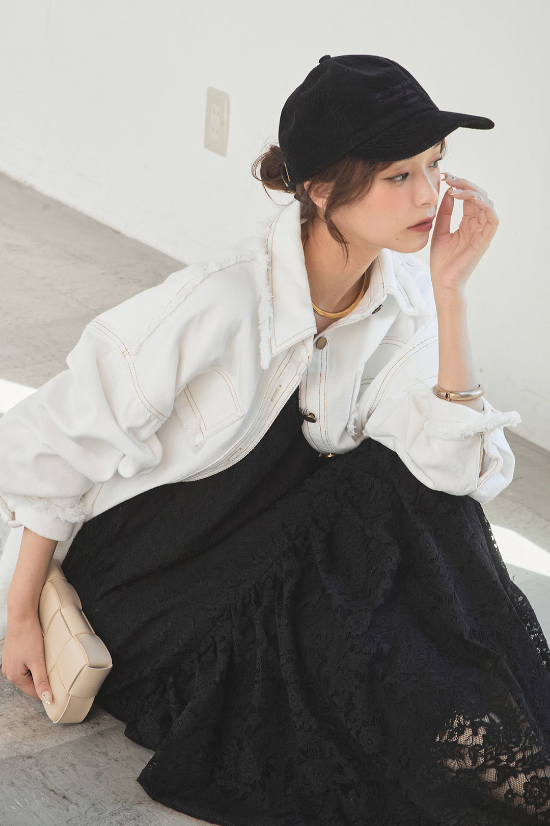 [SET]フリンジデニムジャケット+レース刺繍フレアキャミワンピース(2set)