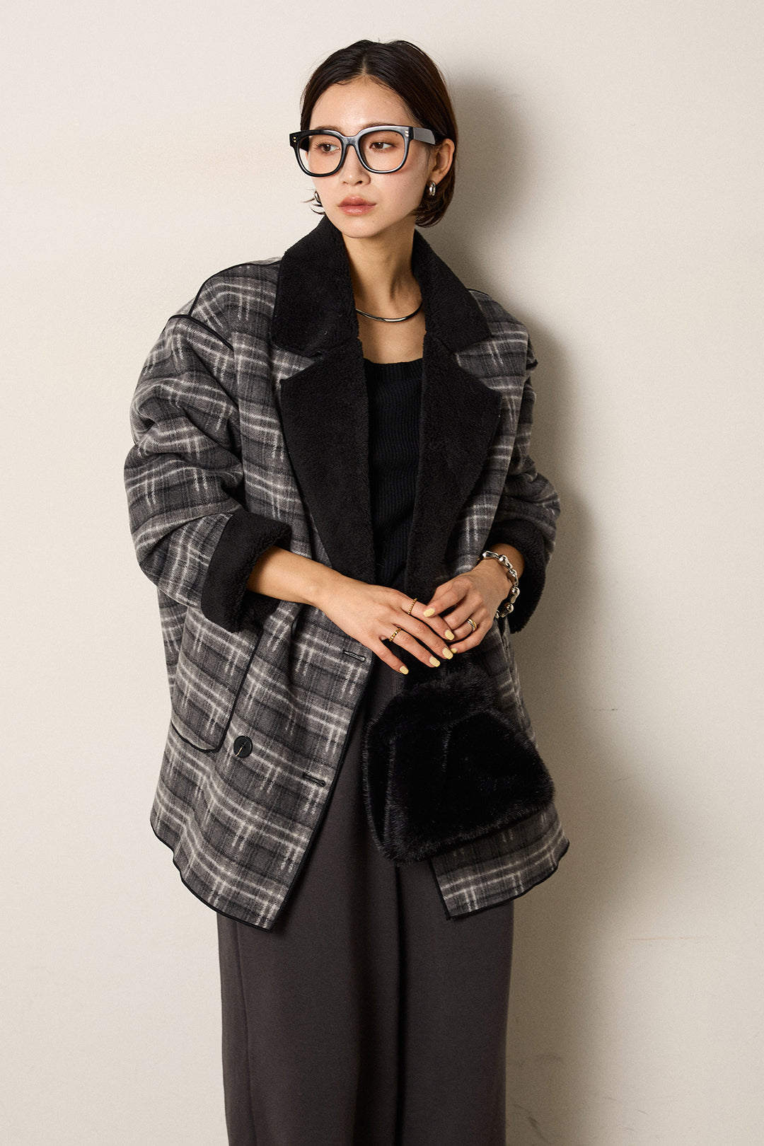 [SET]裏地ボアタータンチェック柄ミディアムコート+裏起毛スウェットワイドパンツ(2set)