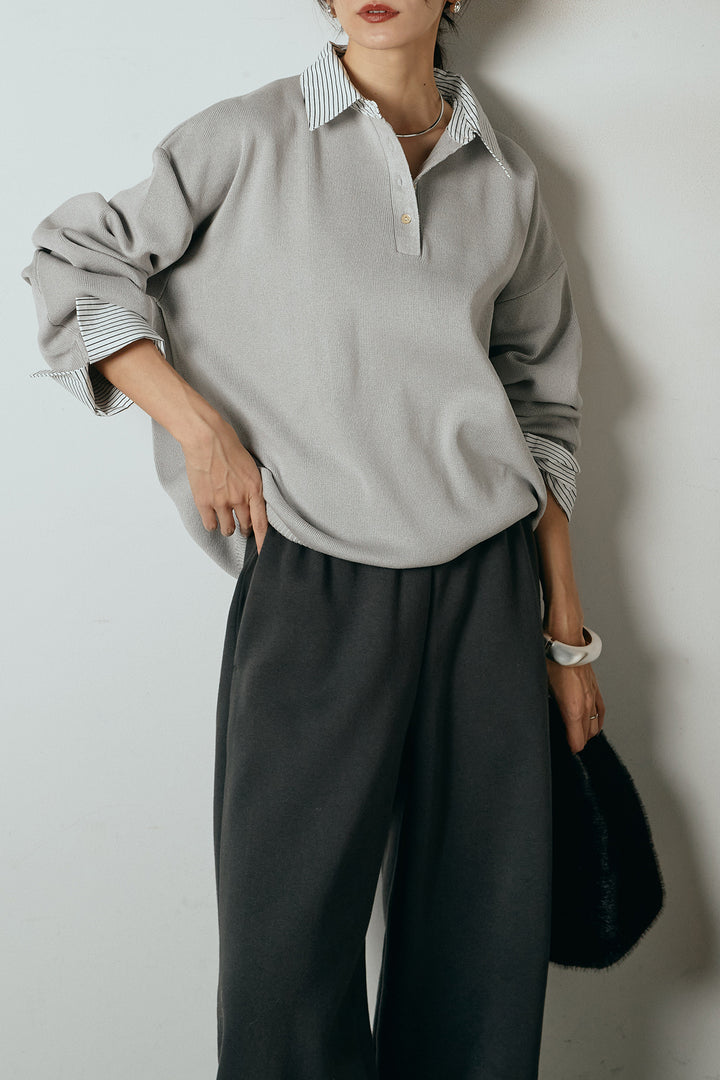 [SET]ストライプシャツドッキングポロトップス+裏起毛スウェットワイドパンツ(2set)