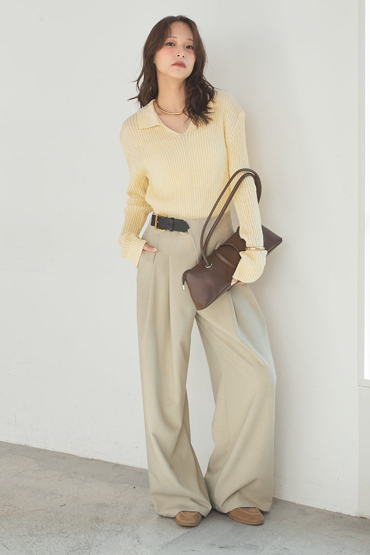 [SET]衿付きニットプルオーバー+サイドベルトタック入りスラックス(2set)