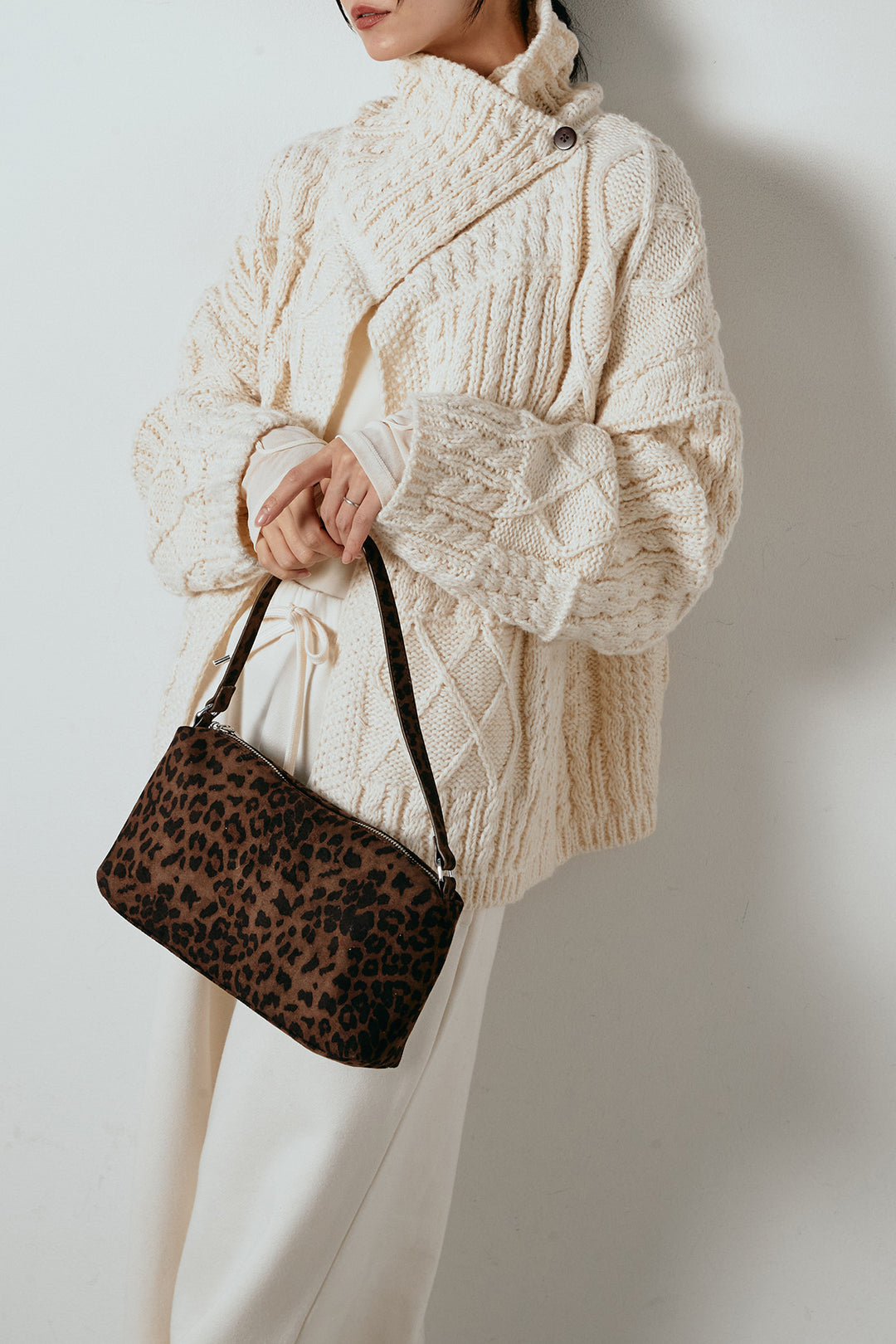 [SET]ビッグカラーケーブル編みニットトップス+裏起毛スウェットワイドパンツ(2set)