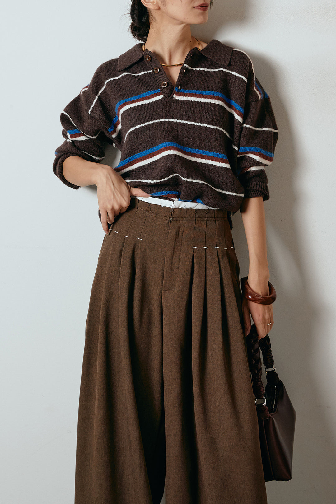 [SET]襟付きマルチボーダーニットポロトップス+ウエストステッチデザインワイドスラックス(2set)