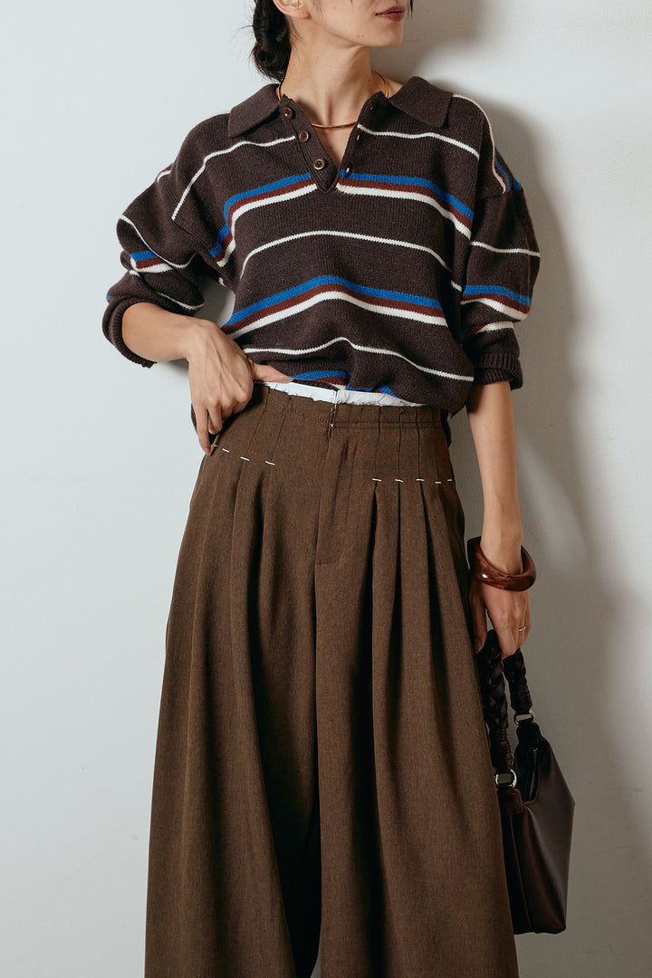 [SET]襟付きマルチボーダーニットポロトップス+ウエストステッチデザインワイドスラックス(2set)
