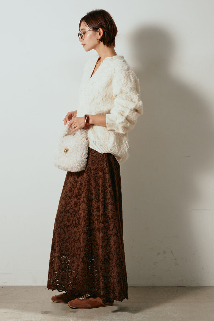 [SET]襟付きシャギーニットポロトップス+花柄刺繍ベロアフレアスカート(2set)