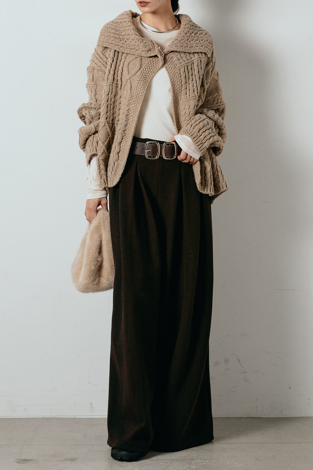 [SET]ビッグカラーケーブル編みニットトップス+2WAY袖コード刺繍クルーネックプルオーバー+フェイクレザー太ベルト付きタックワイドパンツ(3set)