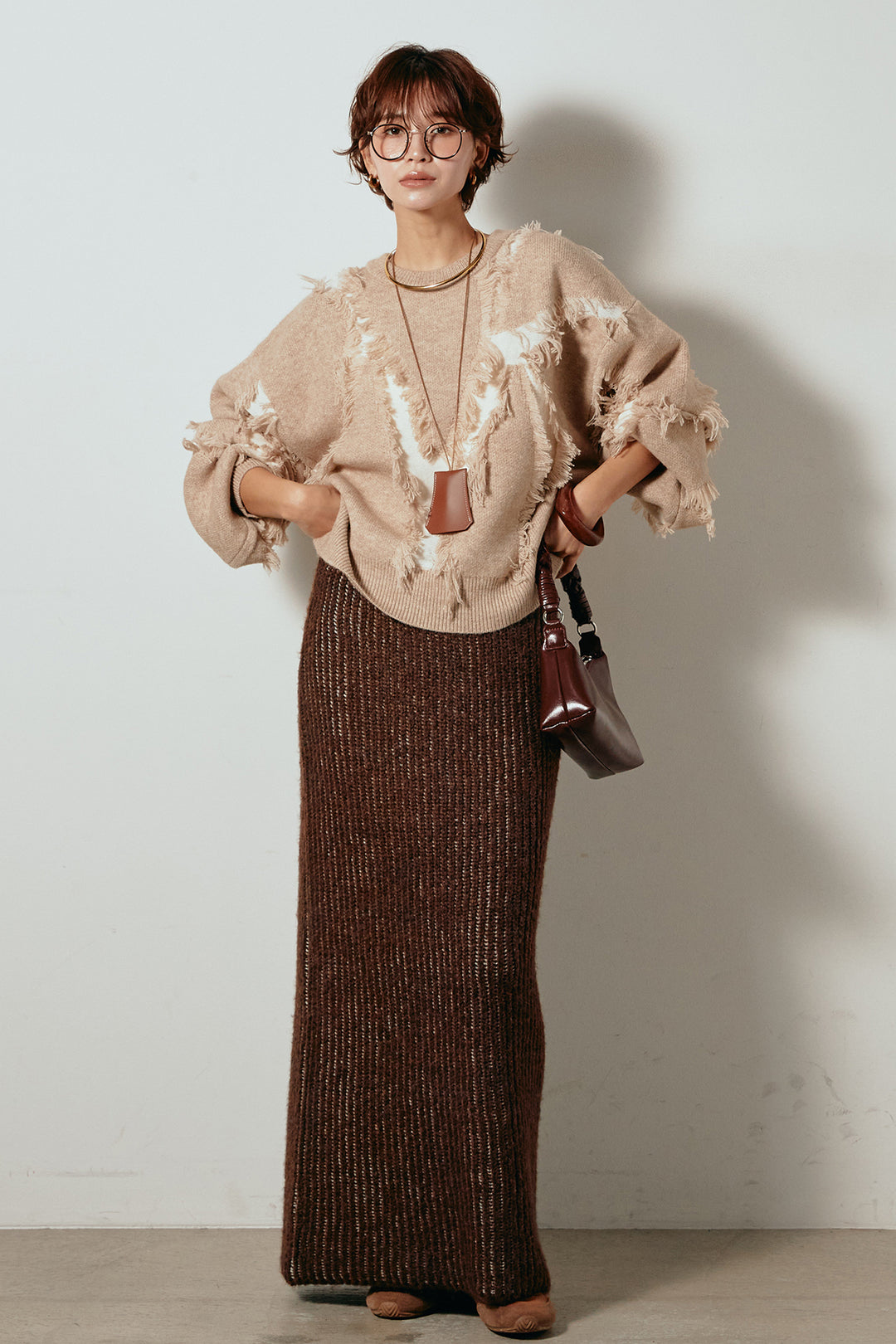 [SET]シャギージャガードニットトップス+アルパカタッチニットタイトスカート(2set)